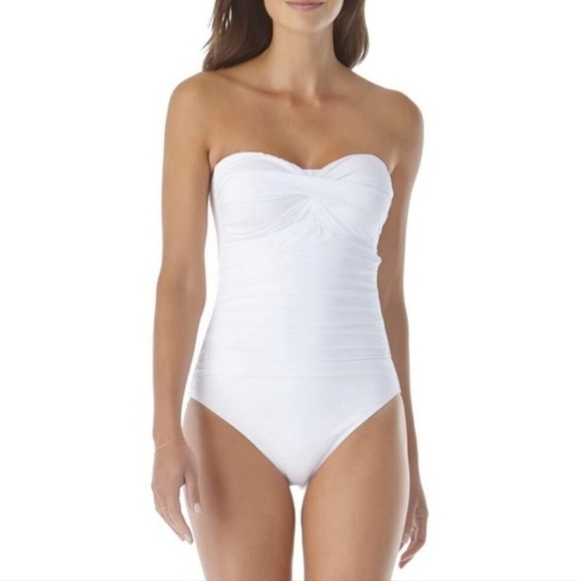 Anne Cole Orange Padded Push-Up Front Shirred Bandeau One-Piece Swimsuit Sz 8 - Picture 3 of 10